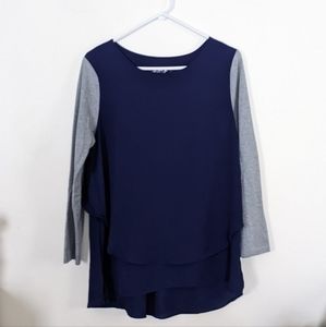J.M & D.Z. Navy Blue Layered Blouse with Jersey Sleeves, Sz L